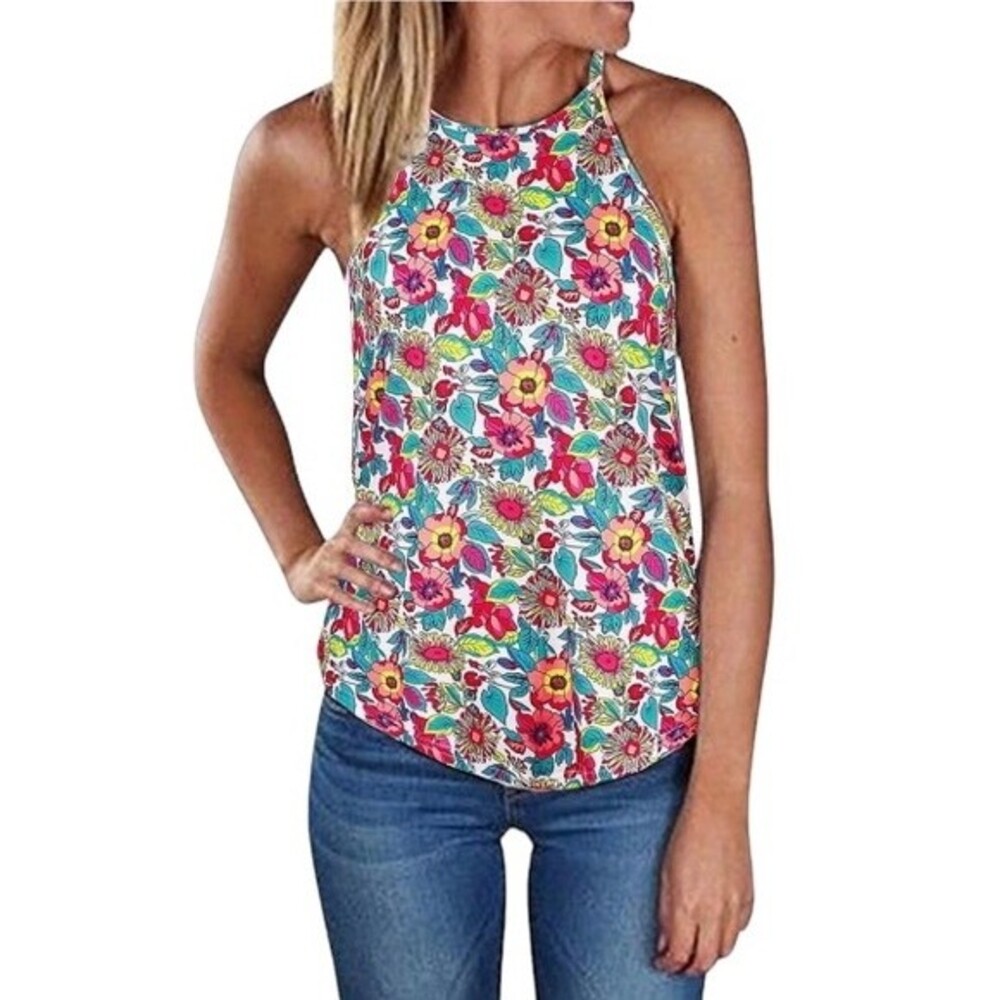 Tank Top Womens Plus XXL Floral Blue Summer Halter Cami Shirt Top Casual B3 - Picture 1 of 8